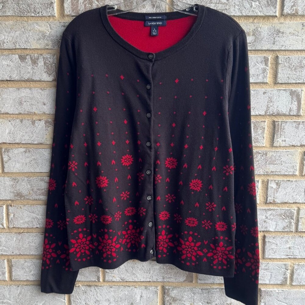 Lands' End Long Sleeve Crew Neck Floral Button Up Cardigan Sweater Size L
